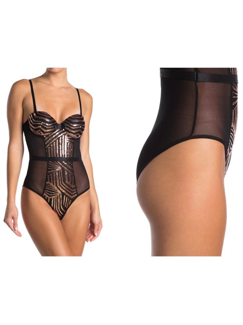 Black Fuchsia Secret Lace Sequin Panel Bodysuit Black Gold